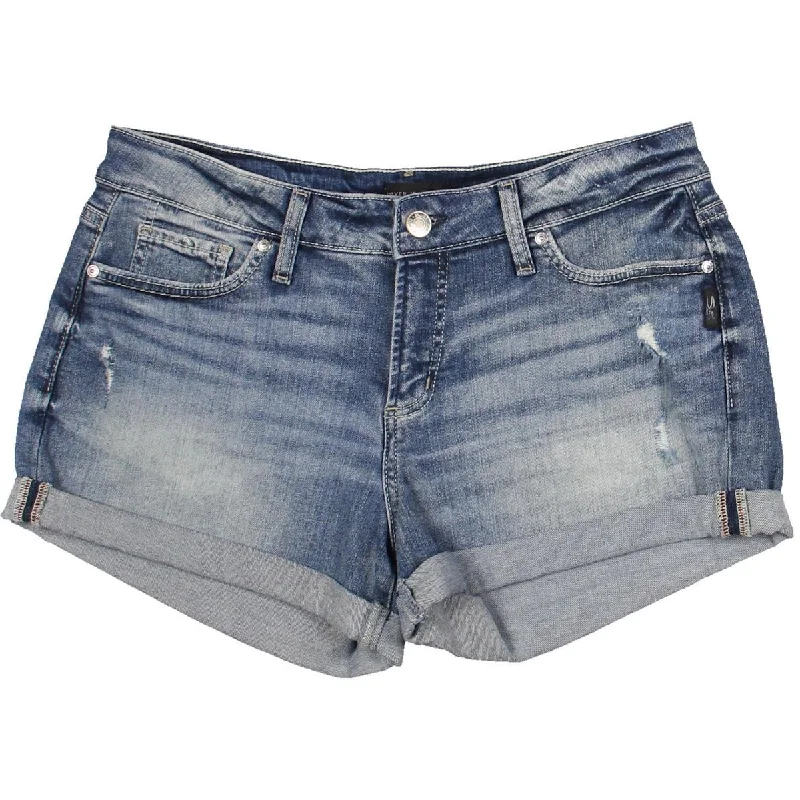 Womens Distressed Mid Rise Denim Shorts