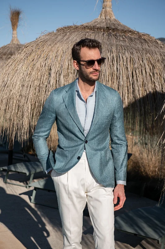 Water green herringbone jacket in wool silk and linen - Made in Italy