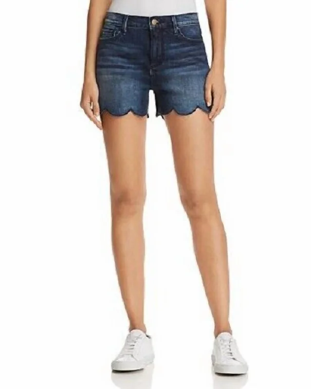 Scalloped Hem Jean Shorts In Indigo