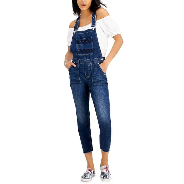 Tommy Jeans Women's Stretch Pocketed Buttoned Adjustable Overalls Sleeveless Square Neck Skinny Jumpsuit Blue Size 32