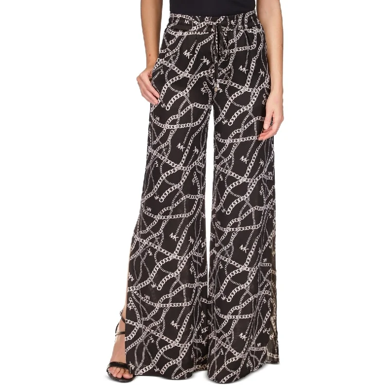 Michael Kors Women's Solid And Chain Print High Slit Pull On Pants Black Size Petite X-Small - Petite XS