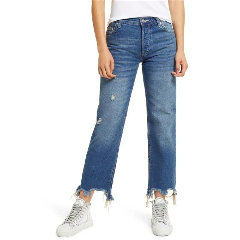 Free People Women's Maggie Ripped Ankle Straight Leg Jeans Blue Size 28