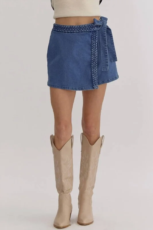 Braided Denim Skort In Blue