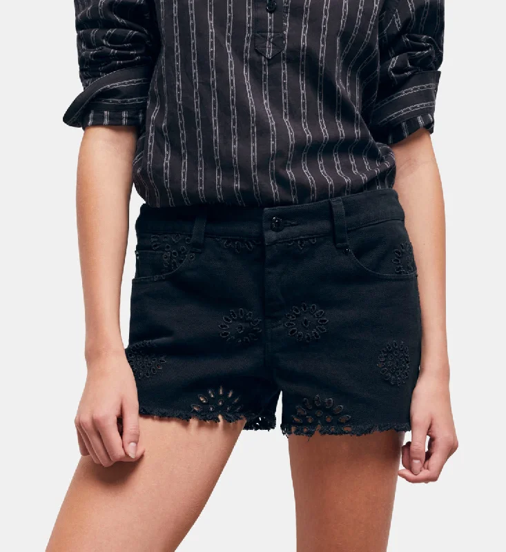 Black Denim Shorts With Broderie Anglaise