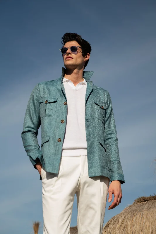 Water green Safari Jacket in wool silk and linen – Made in Italy